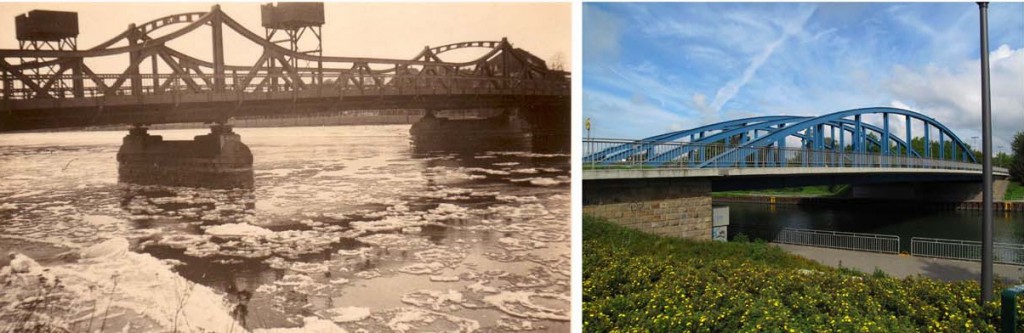 Die Kanalbrücke in einem Kriegswinter mit Funkleitstellen, daneben die Brücke heute